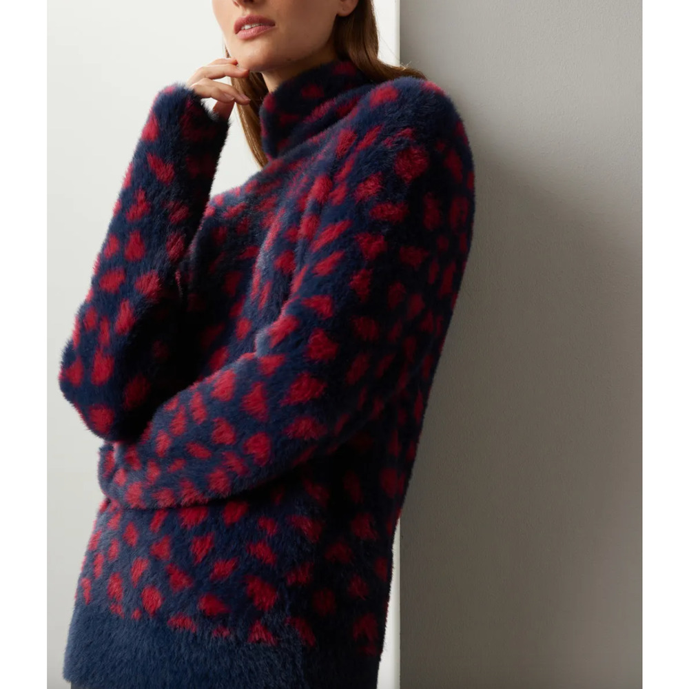 Thakoon Blue Red Fuzzy Sweater SMALL Leopard Oversized Soft Cozy Mockneck $275